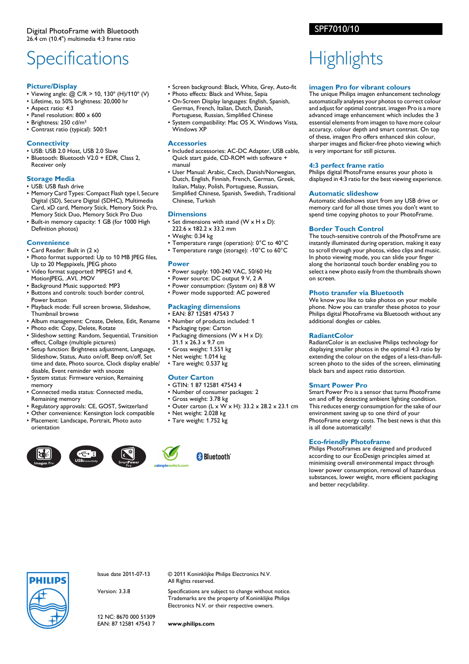 Specifications, Highlights | Philips SPF7010/10 User Manual | Page 2 / 2