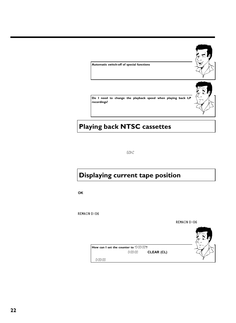Playing back ntsc cassettes, Displaying current tape position, Playback | Philips VR570 User Manual | Page 26 / 54
