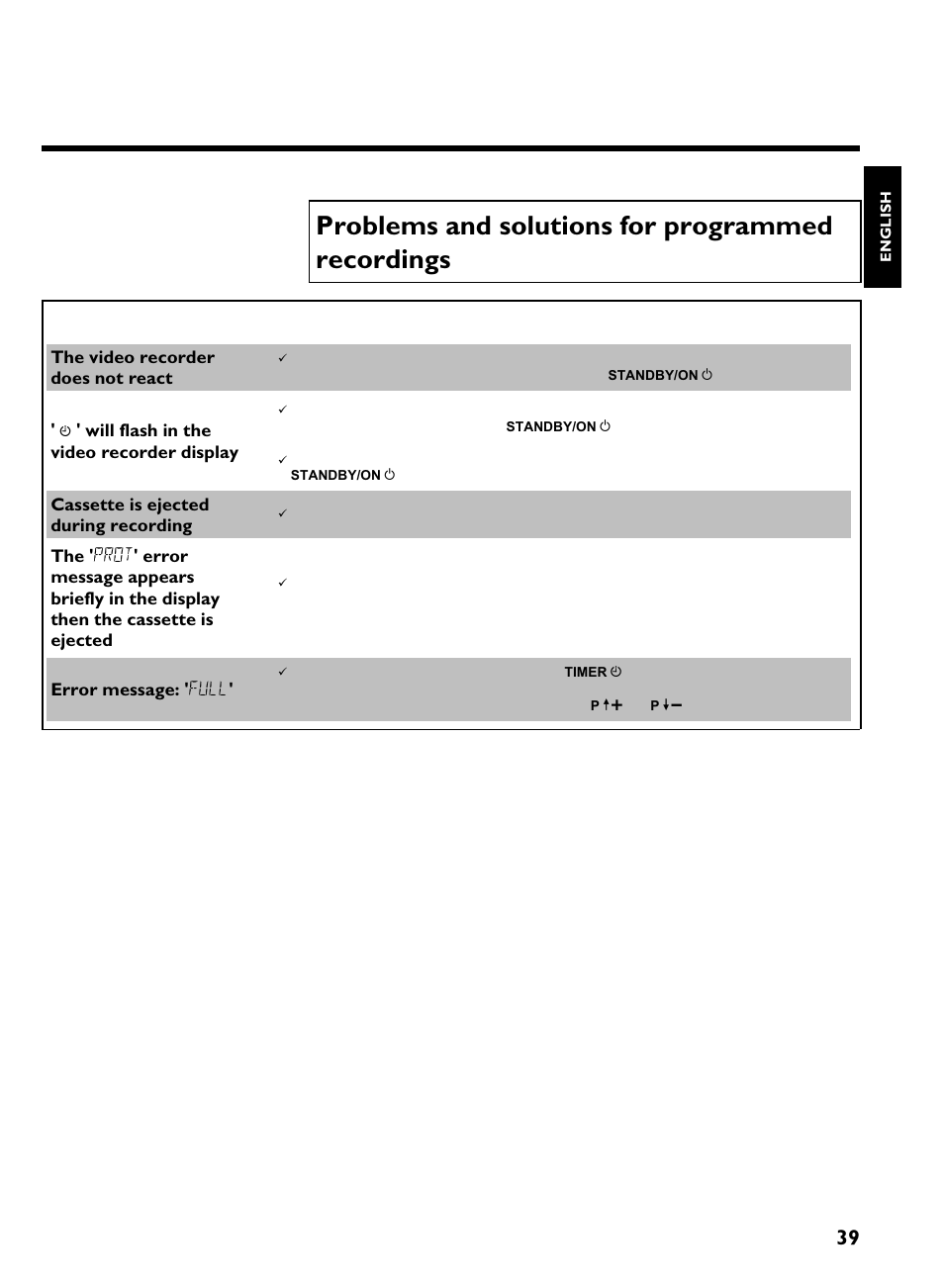 Problems and solutions for programmed recordings, Problem solution, Programming a recording (timer) | Philips VR570 User Manual | Page 43 / 54