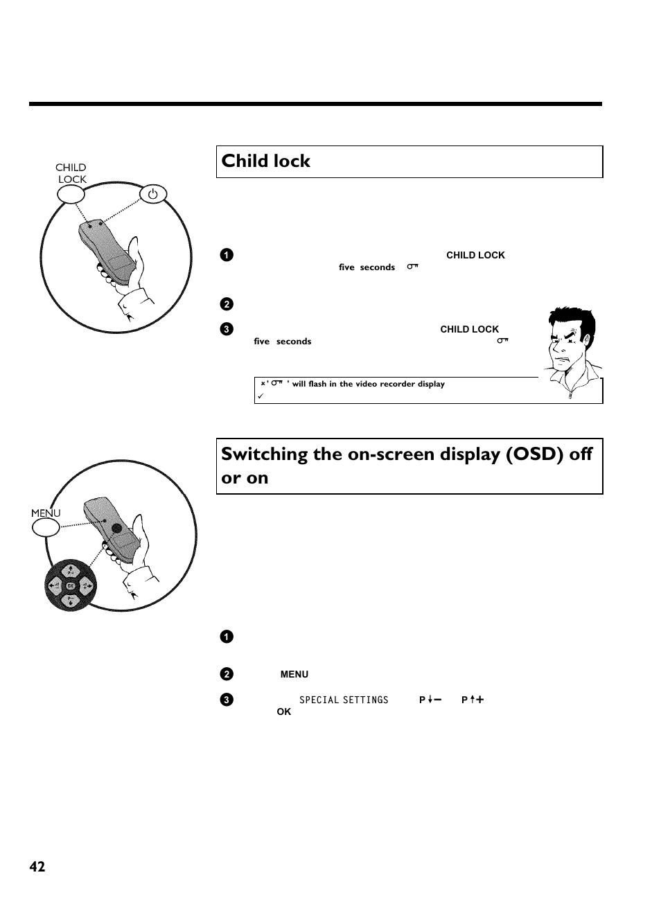 Child lock, Switching the on-screen display (osd) off or on, Switching the on screen display (osd) off or on | Other functions | Philips VR570 User Manual | Page 46 / 54