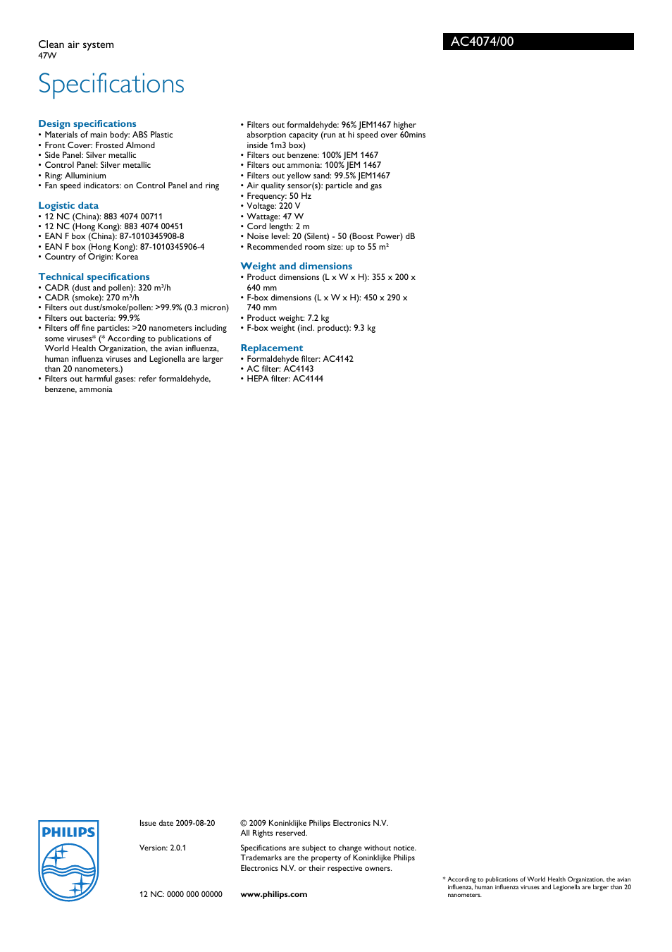 Specifications | Philips AC4074 User Manual | Page 3 / 3