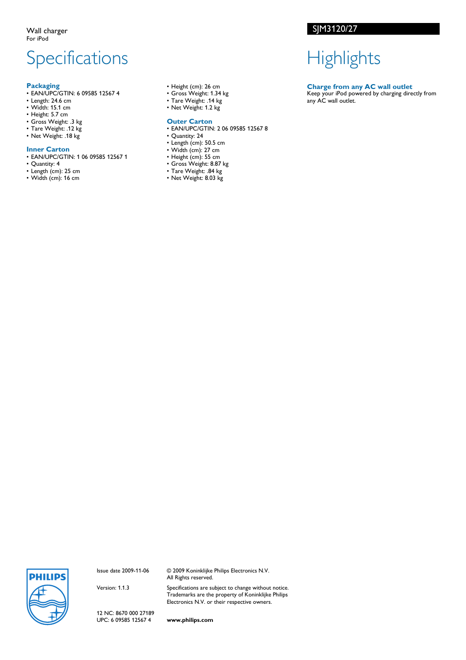 Specifications, Highlights | Philips SJM3120 User Manual | Page 2 / 2