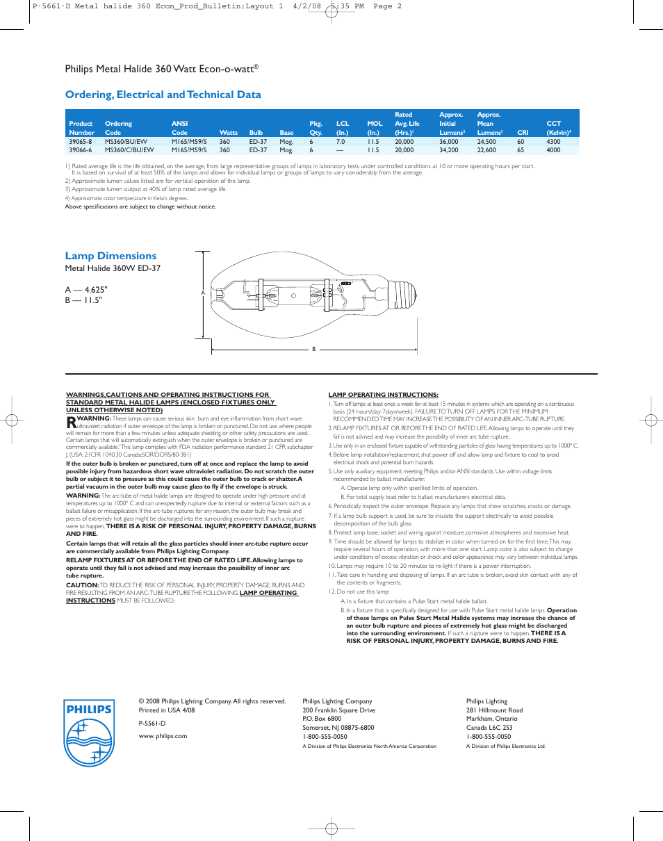 Philips metal halide 360 watt econ-o-watt, Ordering, electrical and technical data, Lamp dimensions | Philips P-5561-D User Manual | Page 2 / 2