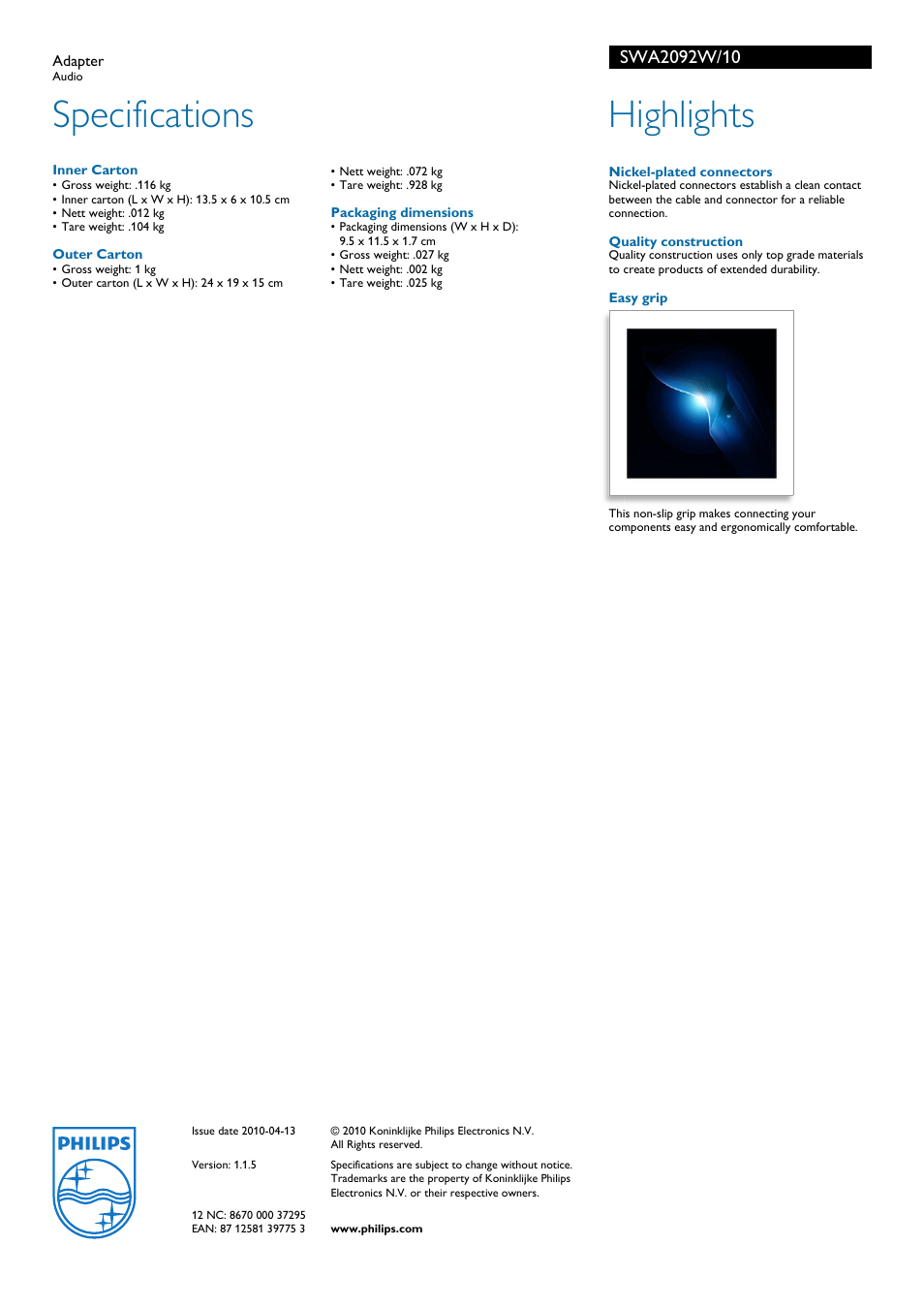 Specifications, Highlights | Philips SWA2092W User Manual | Page 2 / 2