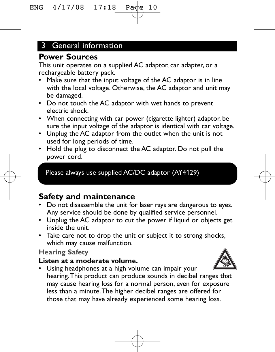Power sources, Safety and maintenance, 3 general information | Philips PET831/05 User Manual | Page 10 / 29