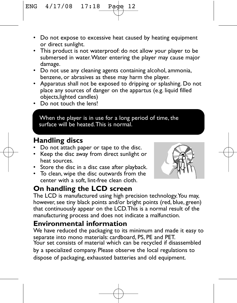Handling discs, On handling the lcd screen, Environmental information | Philips PET831/05 User Manual | Page 12 / 29