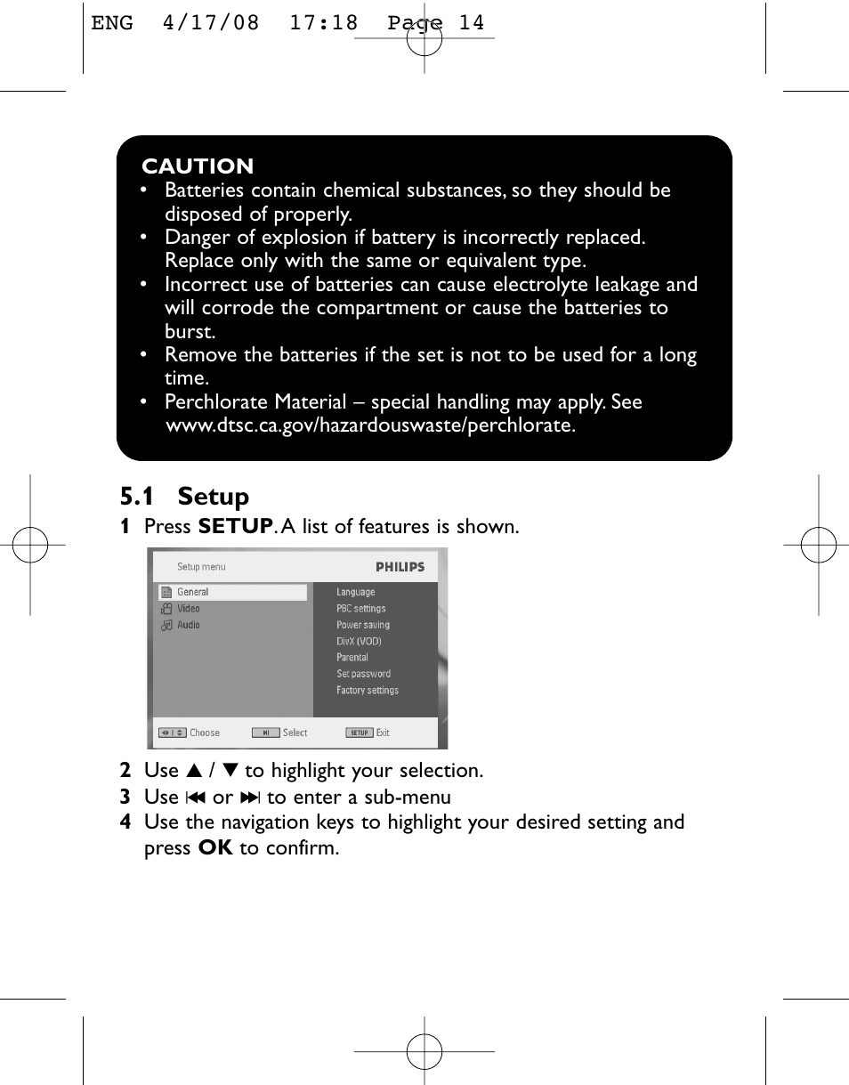 1 setup | Philips PET831/05 User Manual | Page 14 / 29