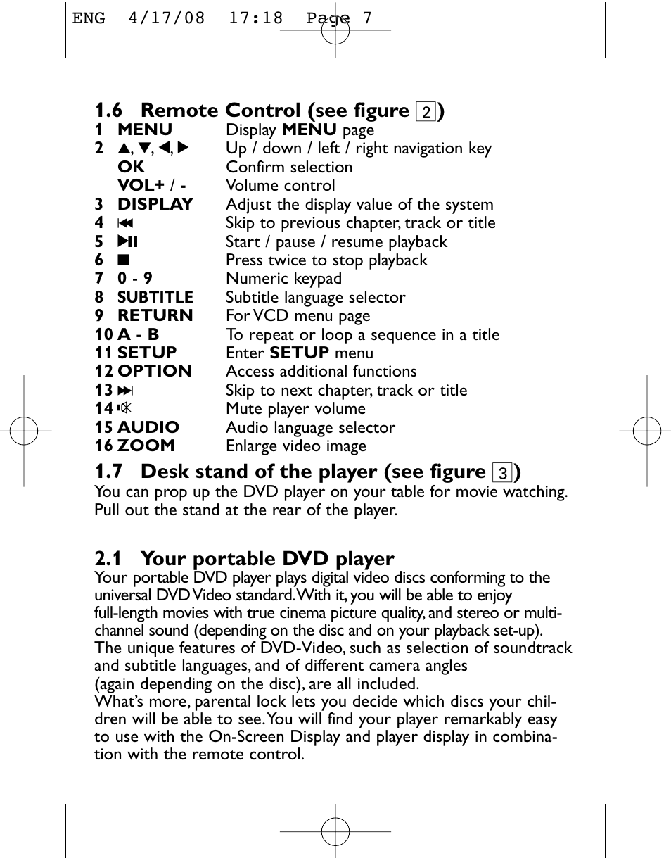 6 remote control (see figure 2 ), 7 desk stand of the player (see figure 3 ), 2 introduction 2.1 your portable dvd player | Philips PET831/05 User Manual | Page 7 / 29