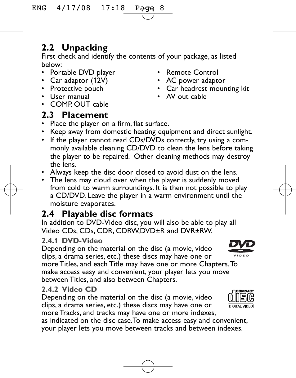 2 unpacking, 3 placement, 4 playable disc formats | Philips PET831/05 User Manual | Page 8 / 29