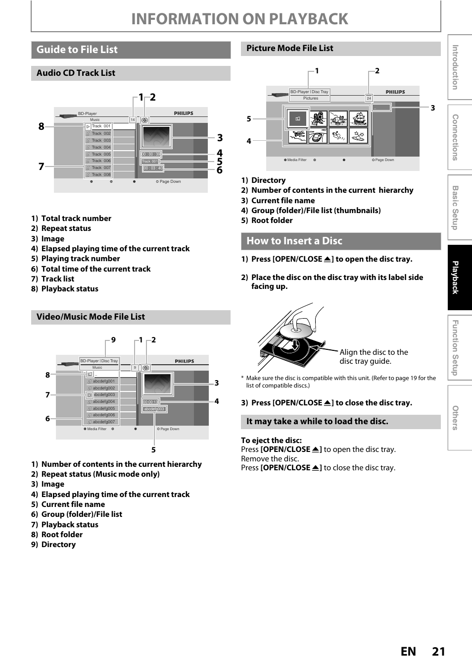 Guide to file list how to insert a disc, Information on playback, Guide to file list | How to insert a disc, Audio cd track list video/music mode file list, Picture mode file list, It may take a while to load the disc | Philips BDP5012/F7 User Manual | Page 21 / 56