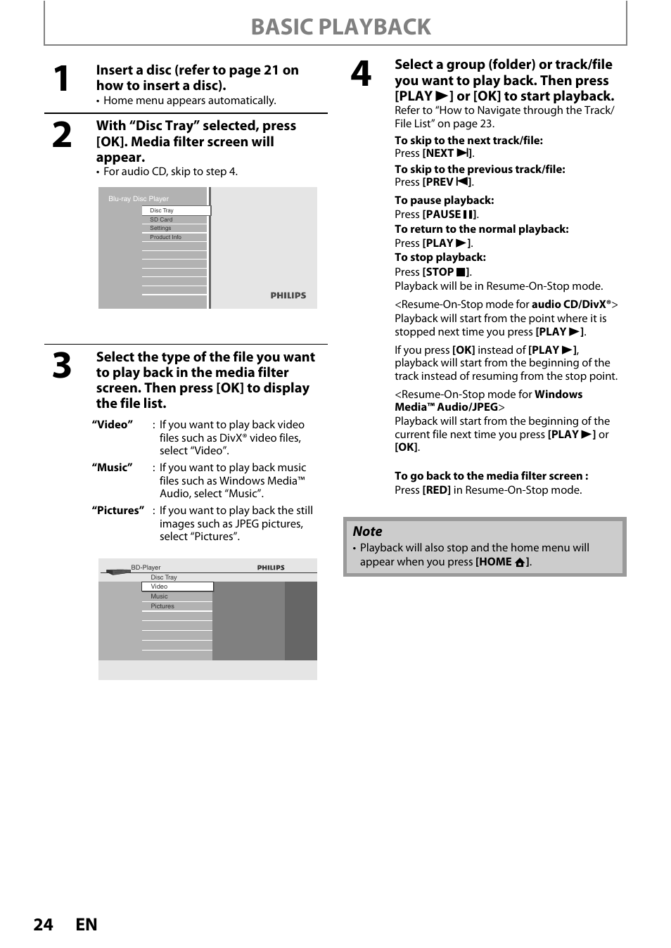 Basic playback | Philips BDP5012/F7 User Manual | Page 24 / 56