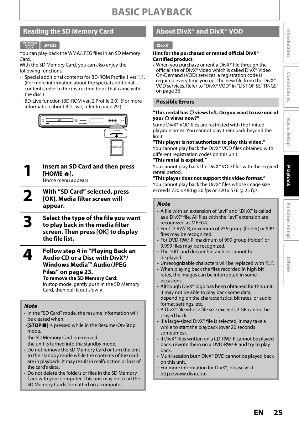 Basic playback, About divx® and divx® vod | Philips BDP5012/F7 User Manual | Page 25 / 56