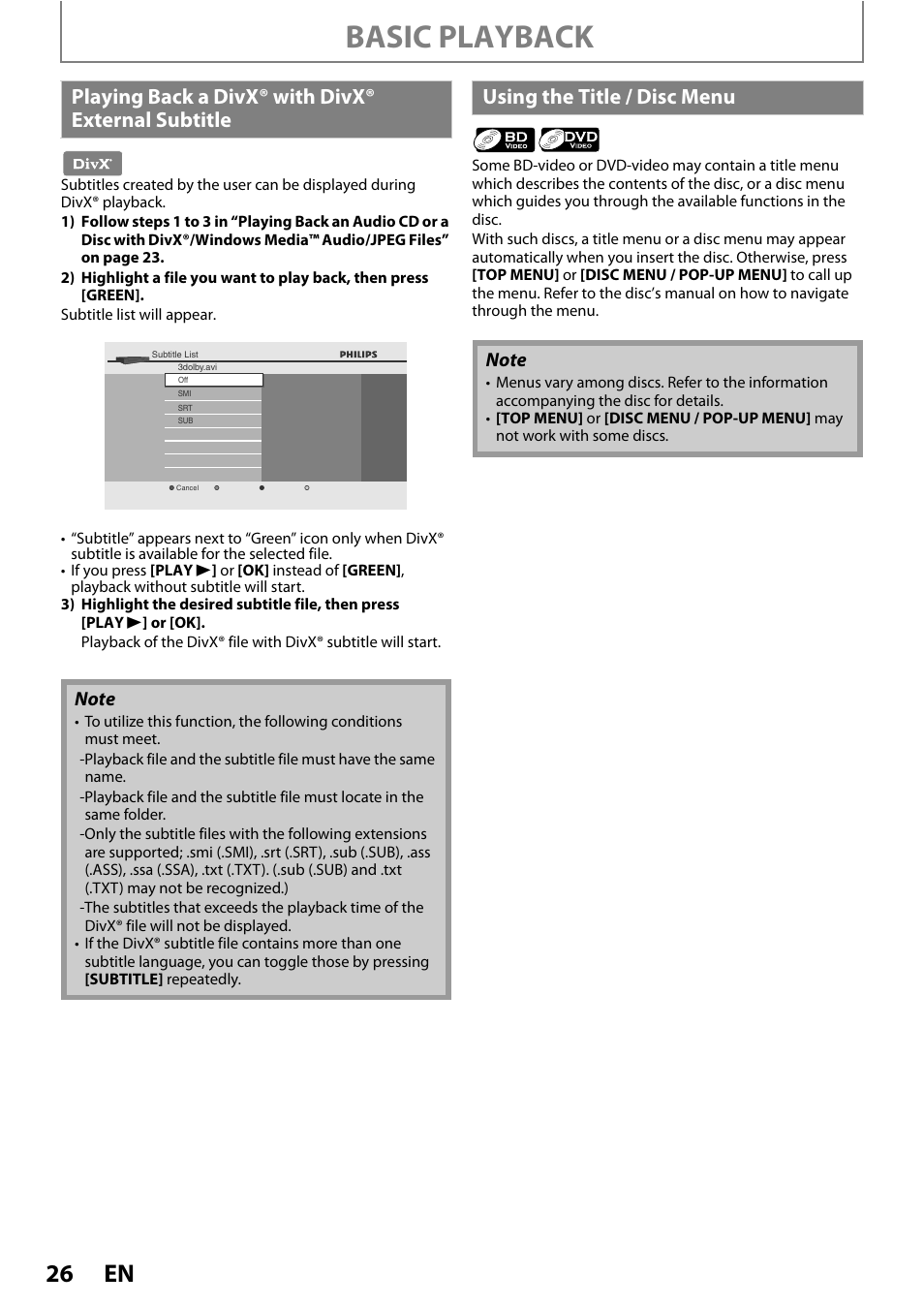 Basic playback, Playing back a divx® with divx® external subtitle, Using the title / disc menu | Philips BDP5012/F7 User Manual | Page 26 / 56