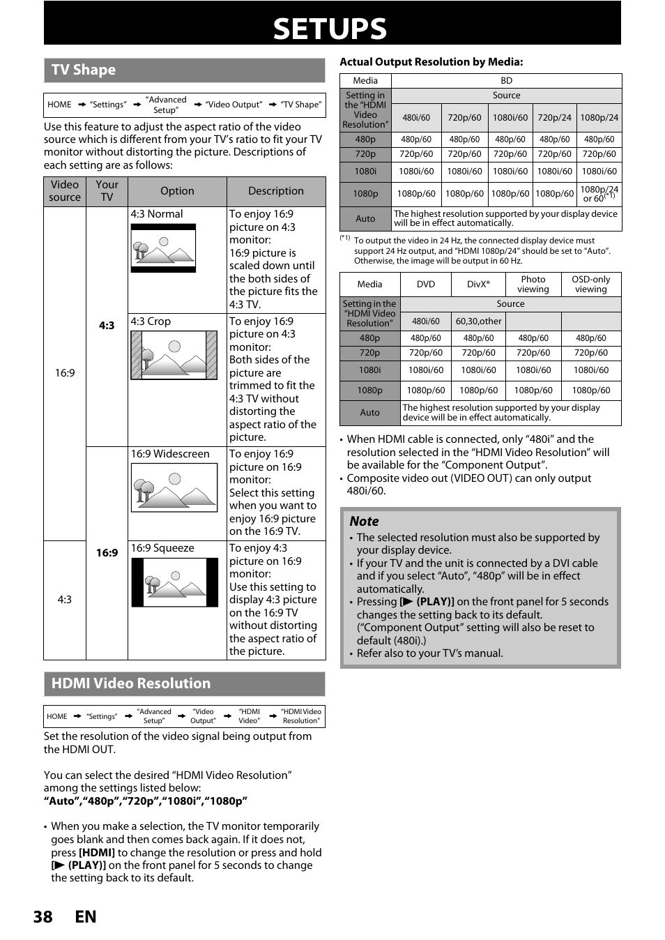 Setups, Tv shape hdmi video resolution, En 38 | Tv shape, Hdmi video resolution | Philips BDP5012/F7 User Manual | Page 38 / 56