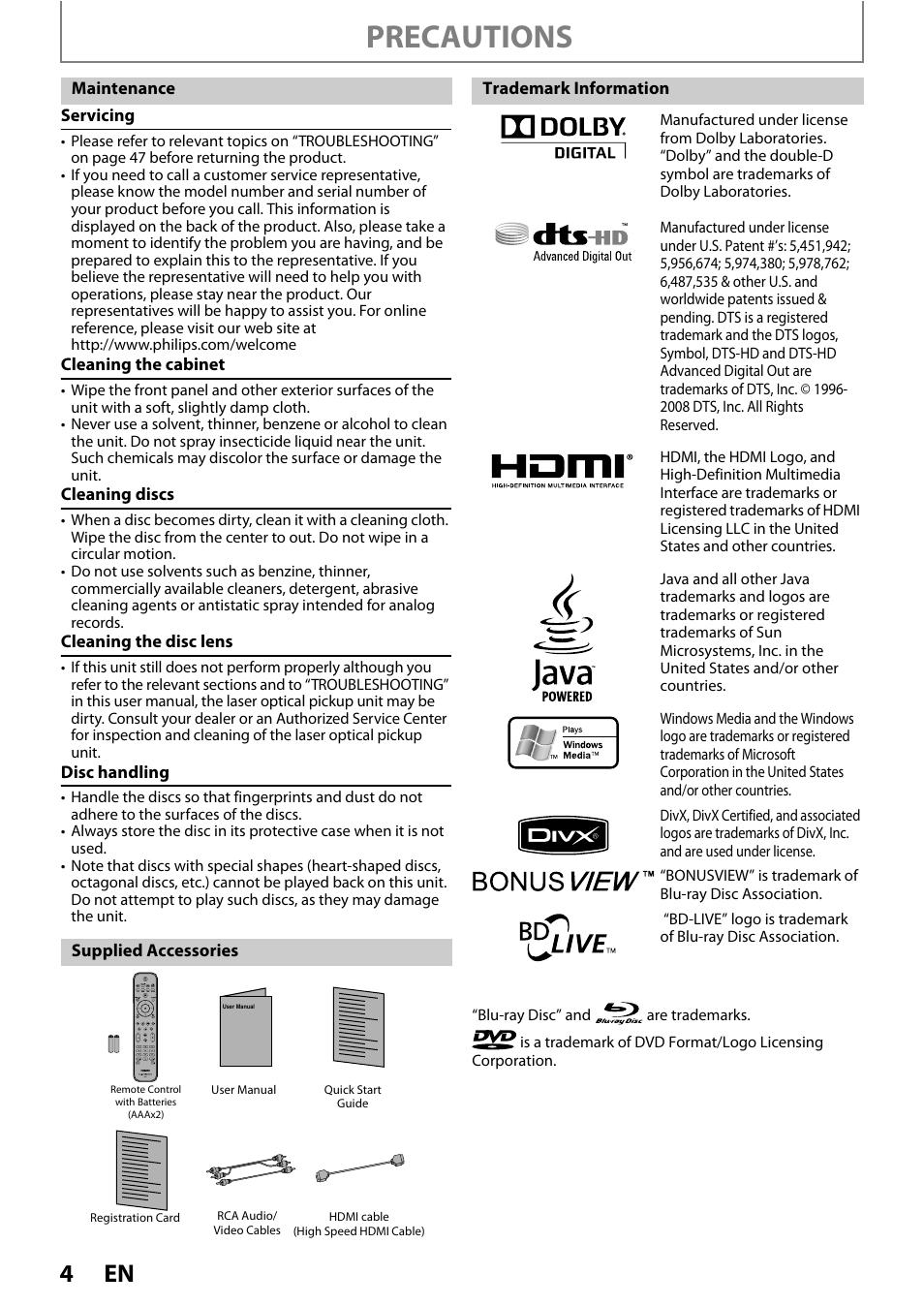 Precautions | Philips BDP5012/F7 User Manual | Page 4 / 56