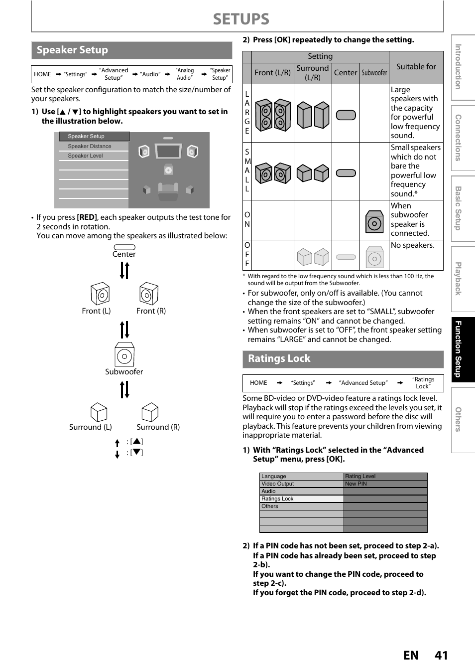 Speaker setup ratings lock, Setups, Speaker setup | Ratings lock | Philips BDP5012/F7 User Manual | Page 41 / 56