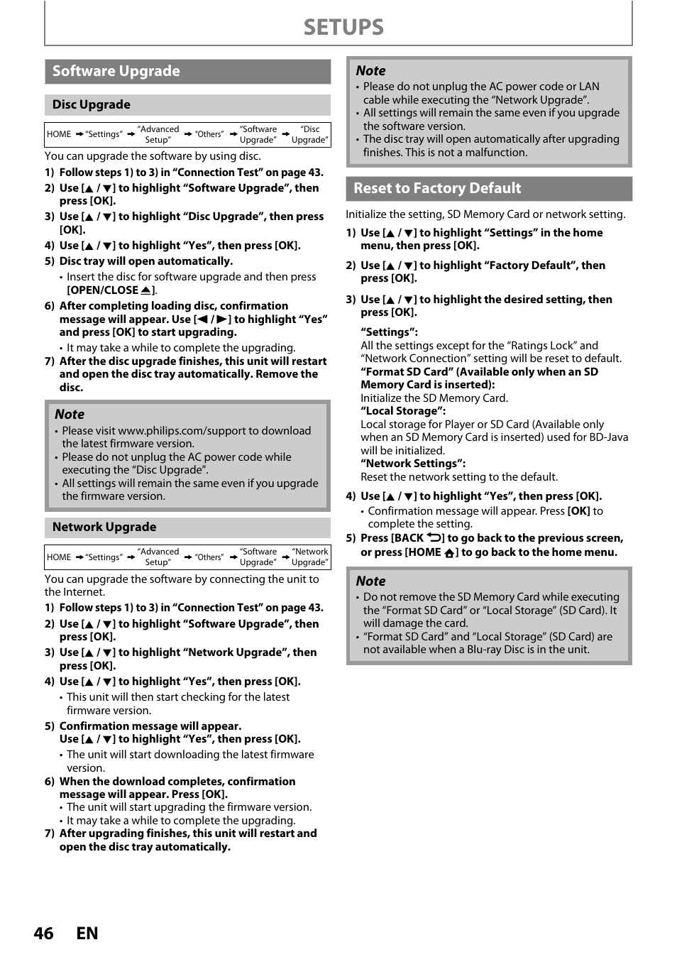 Software upgrade, Setups, Reset to factory default | Philips BDP5012/F7 User Manual | Page 46 / 56