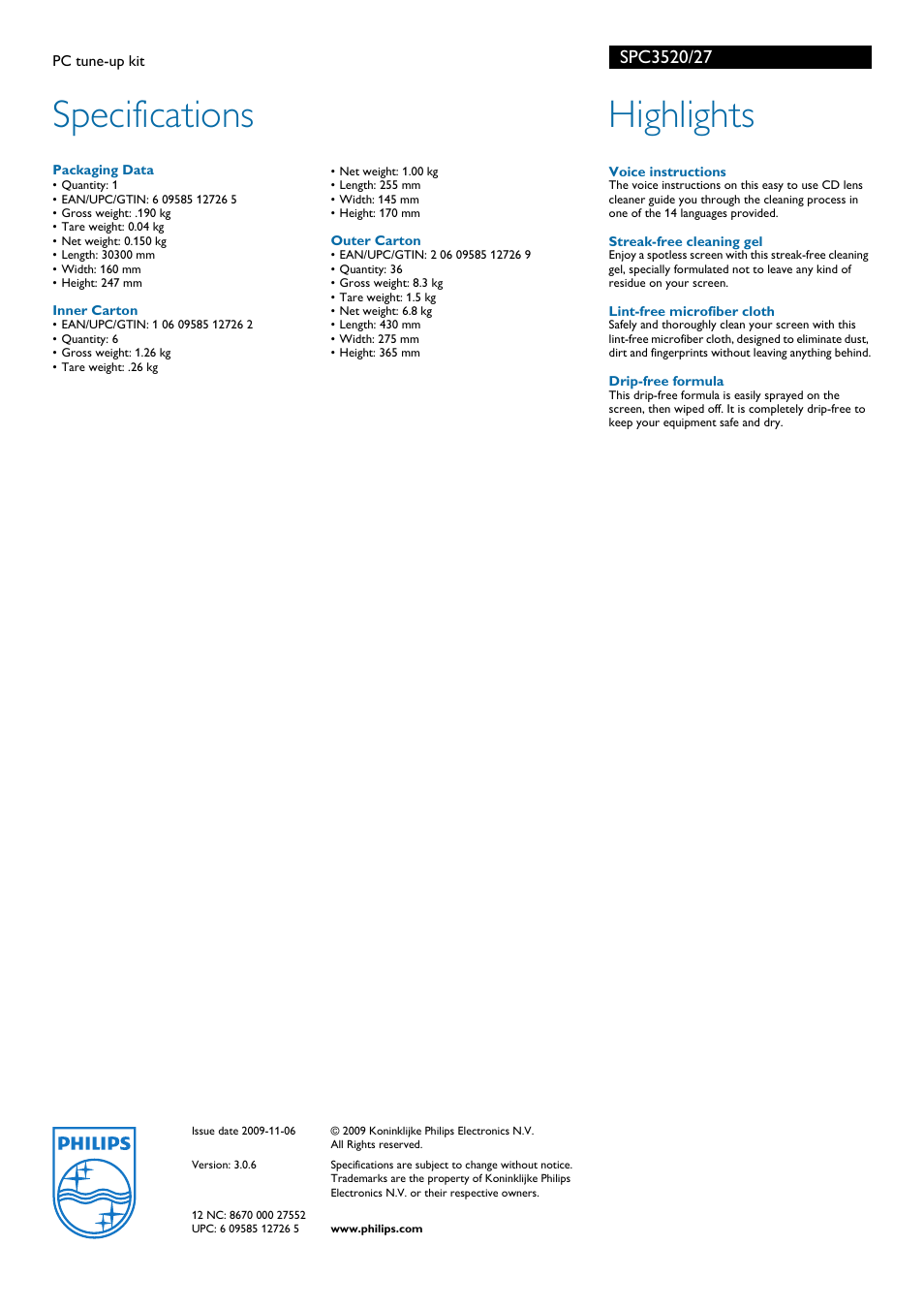 Specifications, Highlights | Philips SPC3520 User Manual | Page 2 / 2