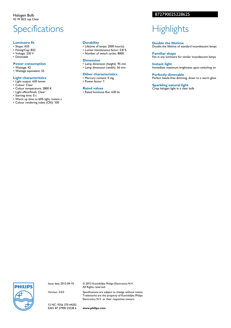 Specifications, Highlights | Philips 8.73E+14 User Manual | Page 2 / 2