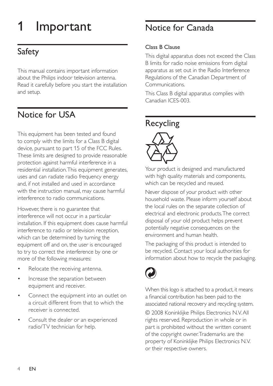 2 welcome, 1 important, Safety | Notice for usa, Notice for canada, Recycling | Philips SDV3132/27 User Manual | Page 4 / 8