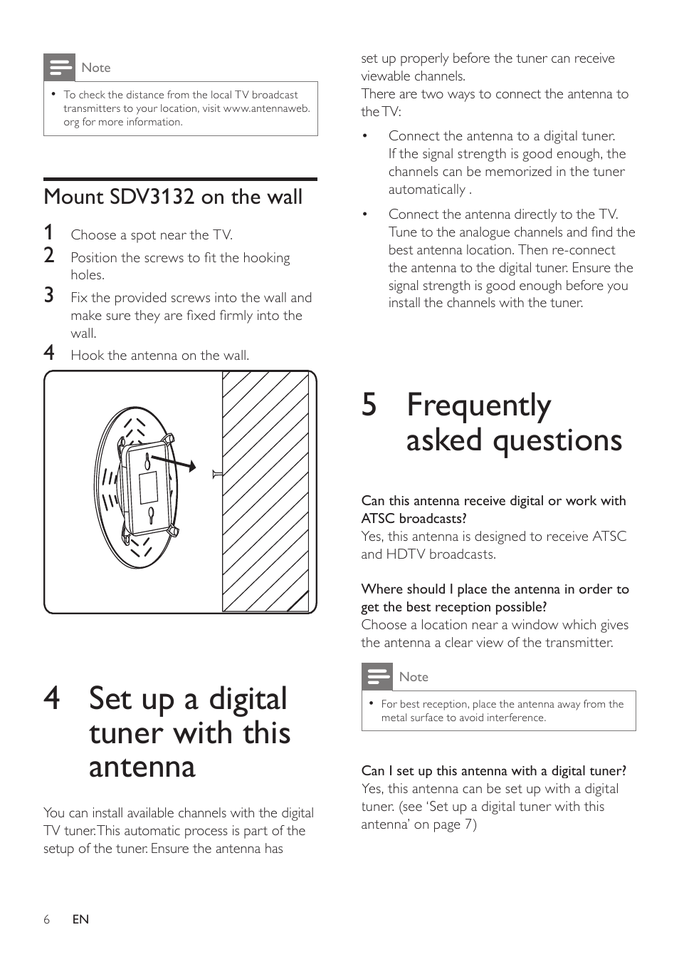 Mount sdv3132 on the wall, 4 set up a digital tuner with this, Antenna | 5 frequently asked questions, 4 set up a digital tuner with this antenna | Philips SDV3132/27 User Manual | Page 6 / 8