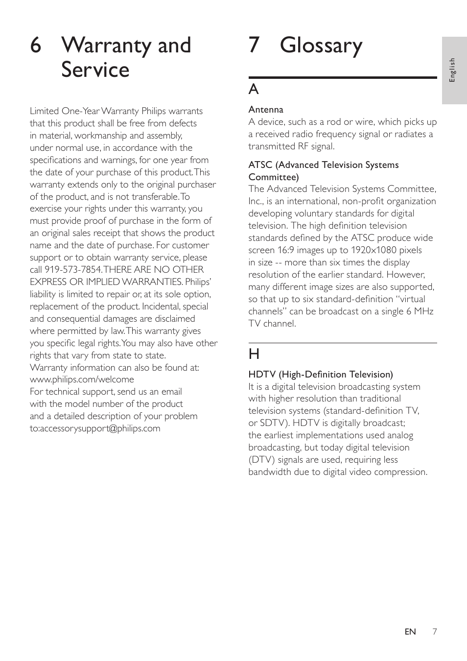 4 set up a digital tuner with this antenna, 6 warranty and service, 7 glossary | Philips SDV3132/27 User Manual | Page 7 / 8