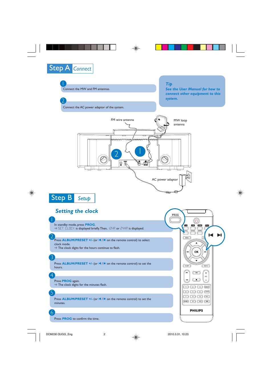 Setting the clock 1 2 3 | Philips DCM230 User Manual | Page 2 / 4