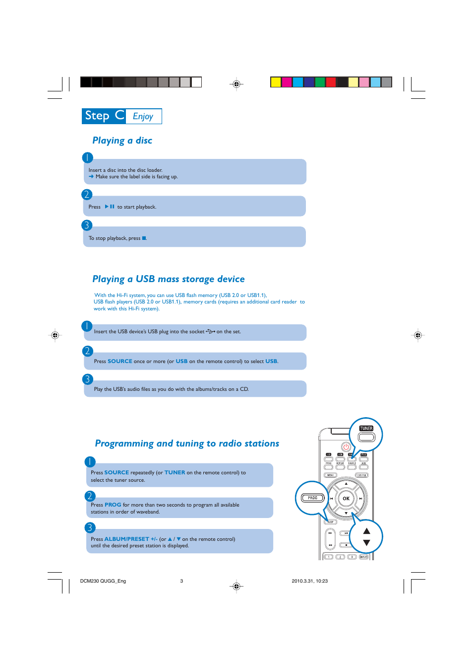 Playing a disc 1 2 3, Playing a usb mass storage device, Programming and tuning to radio stations 1 2 3 | Enjoy | Philips DCM230 User Manual | Page 3 / 4