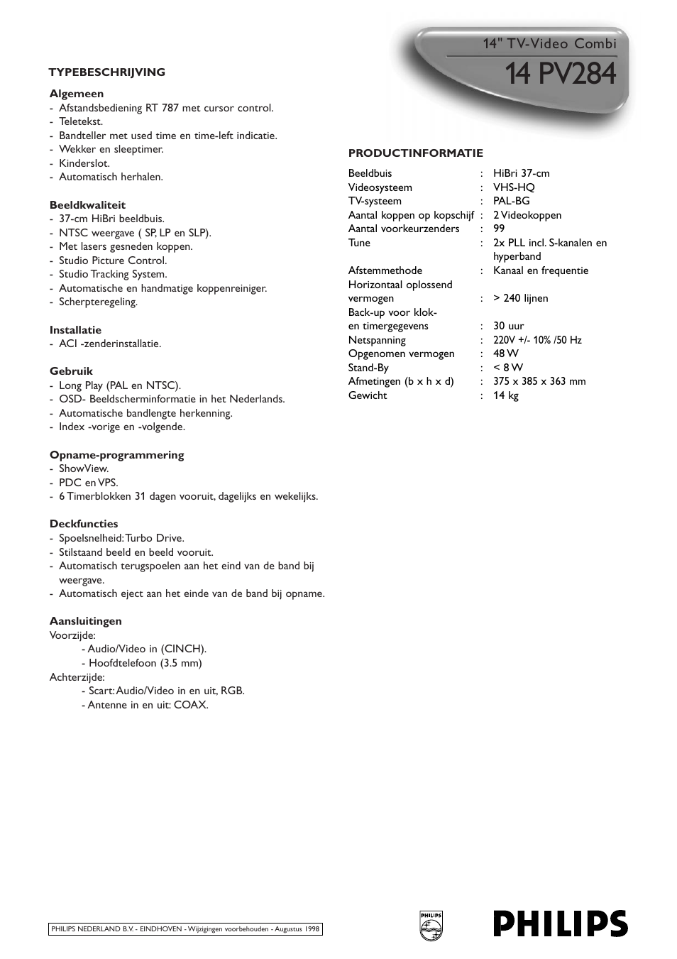 Philips TV-VIDEO COMBI 14 PV284 User Manual | Page 2 / 2