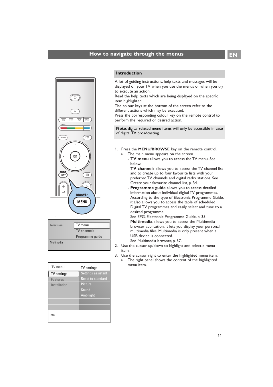 How to navigate through the menus en | Philips 42PF9641D/10 User Manual | Page 11 / 65