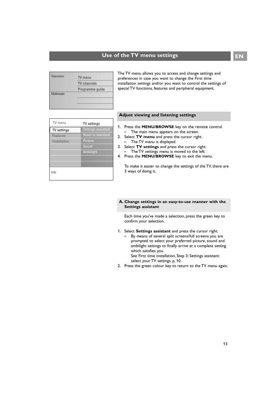 Use of the tv menu settings | Philips 42PF9641D/10 User Manual | Page 13 / 65