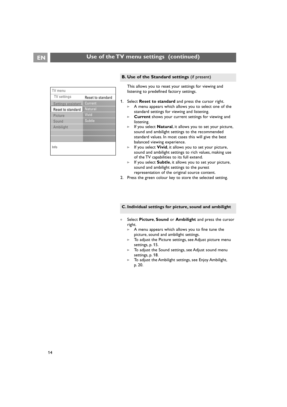 Use of the tv menu settings (continued) | Philips 42PF9641D/10 User Manual | Page 14 / 65