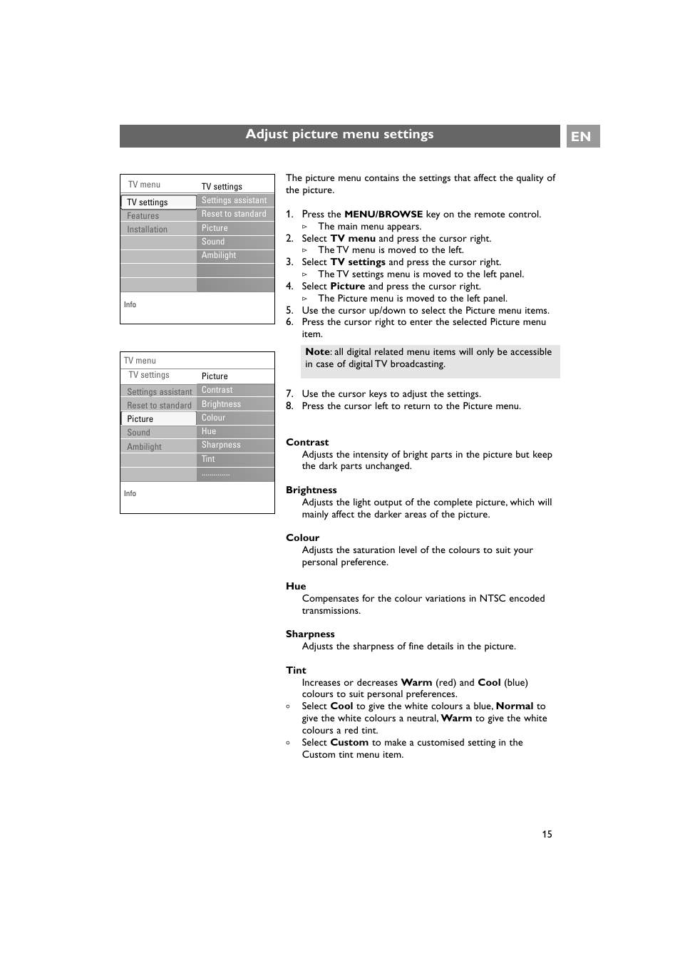 Adjust picture menu settings en | Philips 42PF9641D/10 User Manual | Page 15 / 65