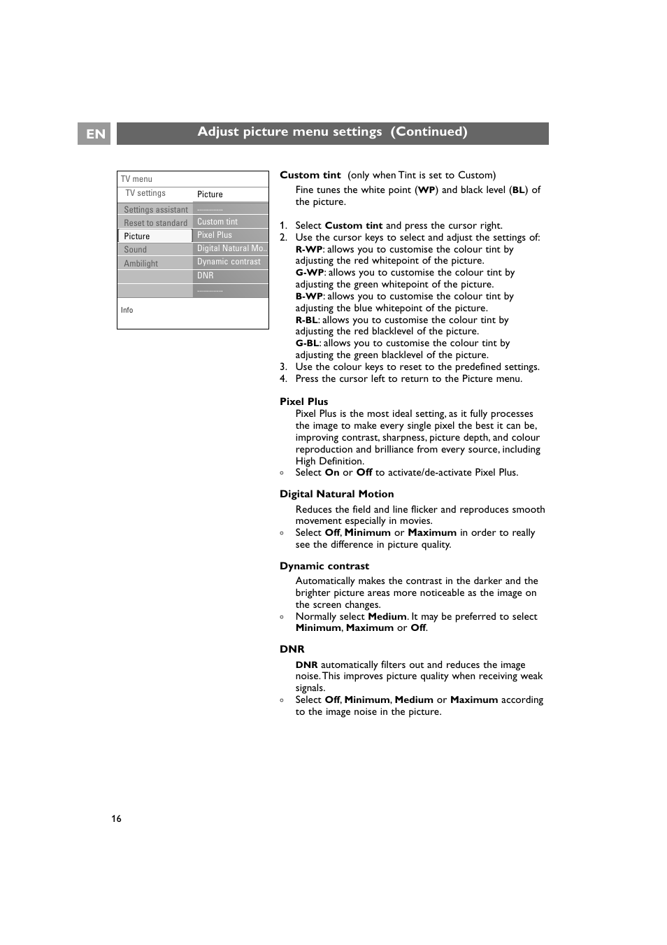 Adjust picture menu settings (continued) | Philips 42PF9641D/10 User Manual | Page 16 / 65