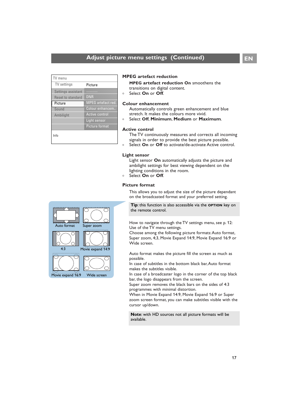 Adjust picture menu settings (continued) en | Philips 42PF9641D/10 User Manual | Page 17 / 65