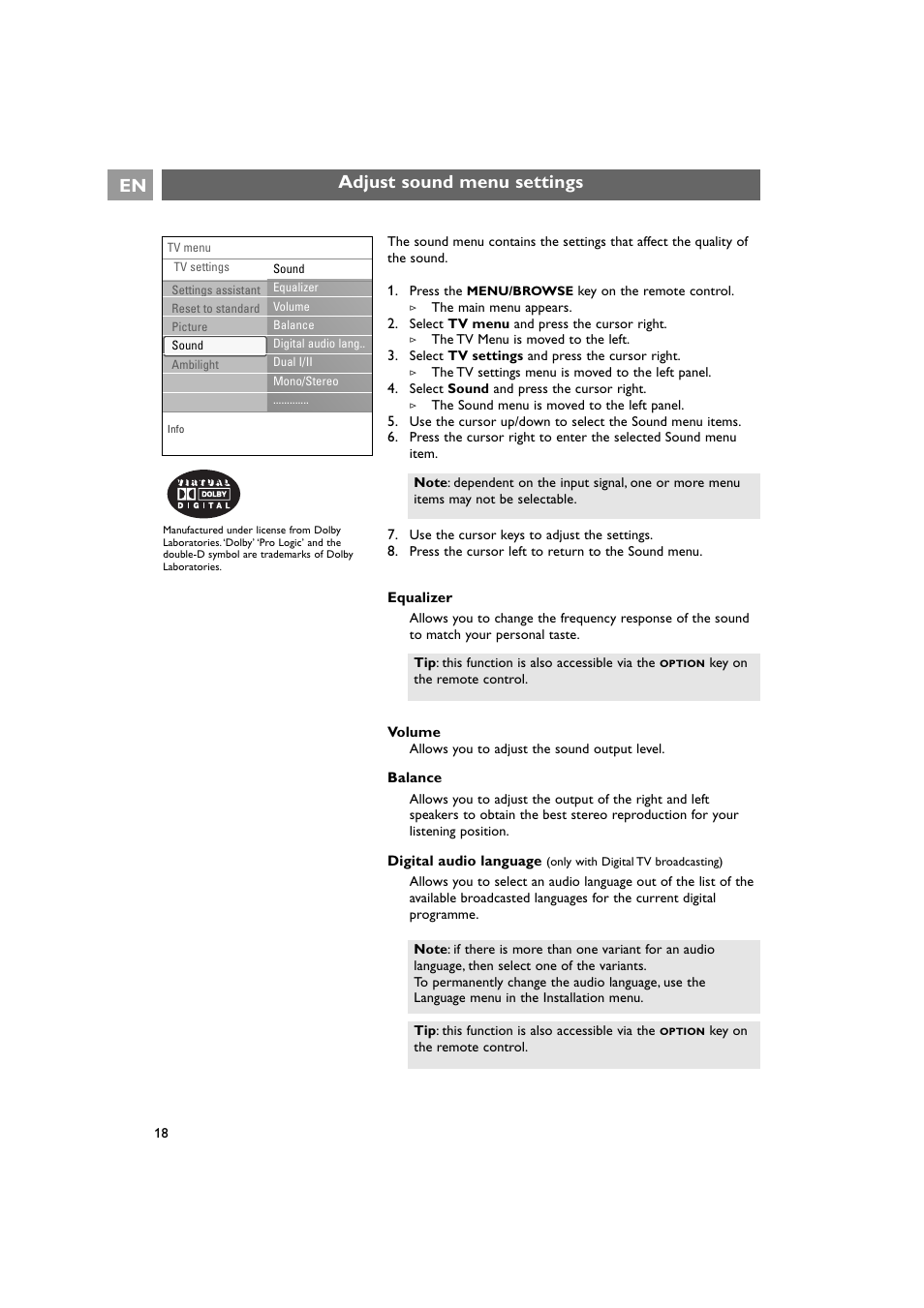 Adjust sound menu settings | Philips 42PF9641D/10 User Manual | Page 18 / 65