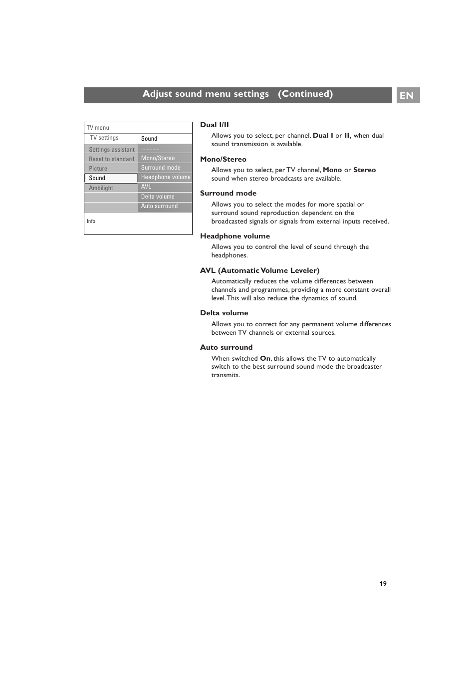 Adjust sound menu settings (continued) en | Philips 42PF9641D/10 User Manual | Page 19 / 65