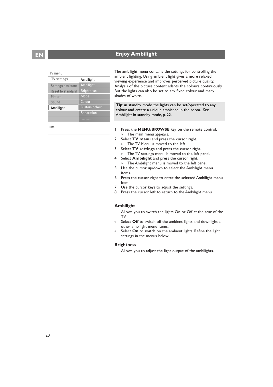 Enjoy ambilight en | Philips 42PF9641D/10 User Manual | Page 20 / 65