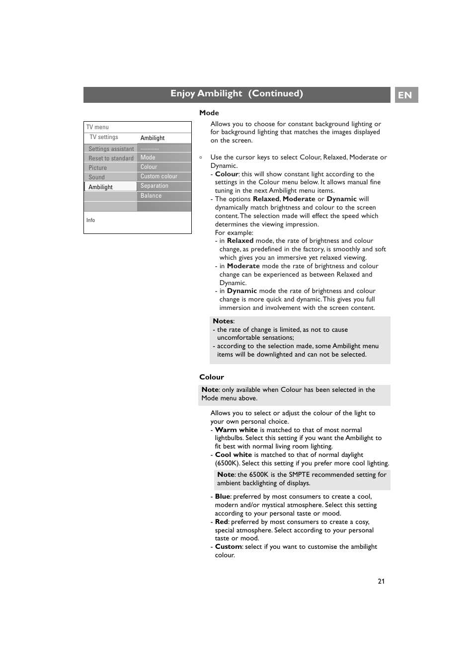 Enjoy ambilight (continued) en | Philips 42PF9641D/10 User Manual | Page 21 / 65