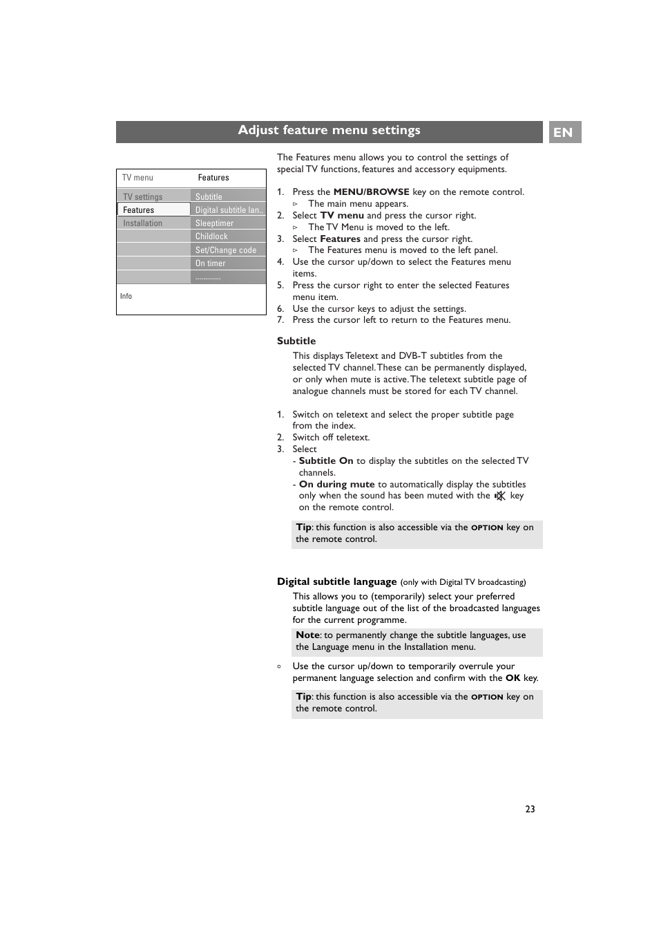 Adjust feature menu settings en | Philips 42PF9641D/10 User Manual | Page 23 / 65