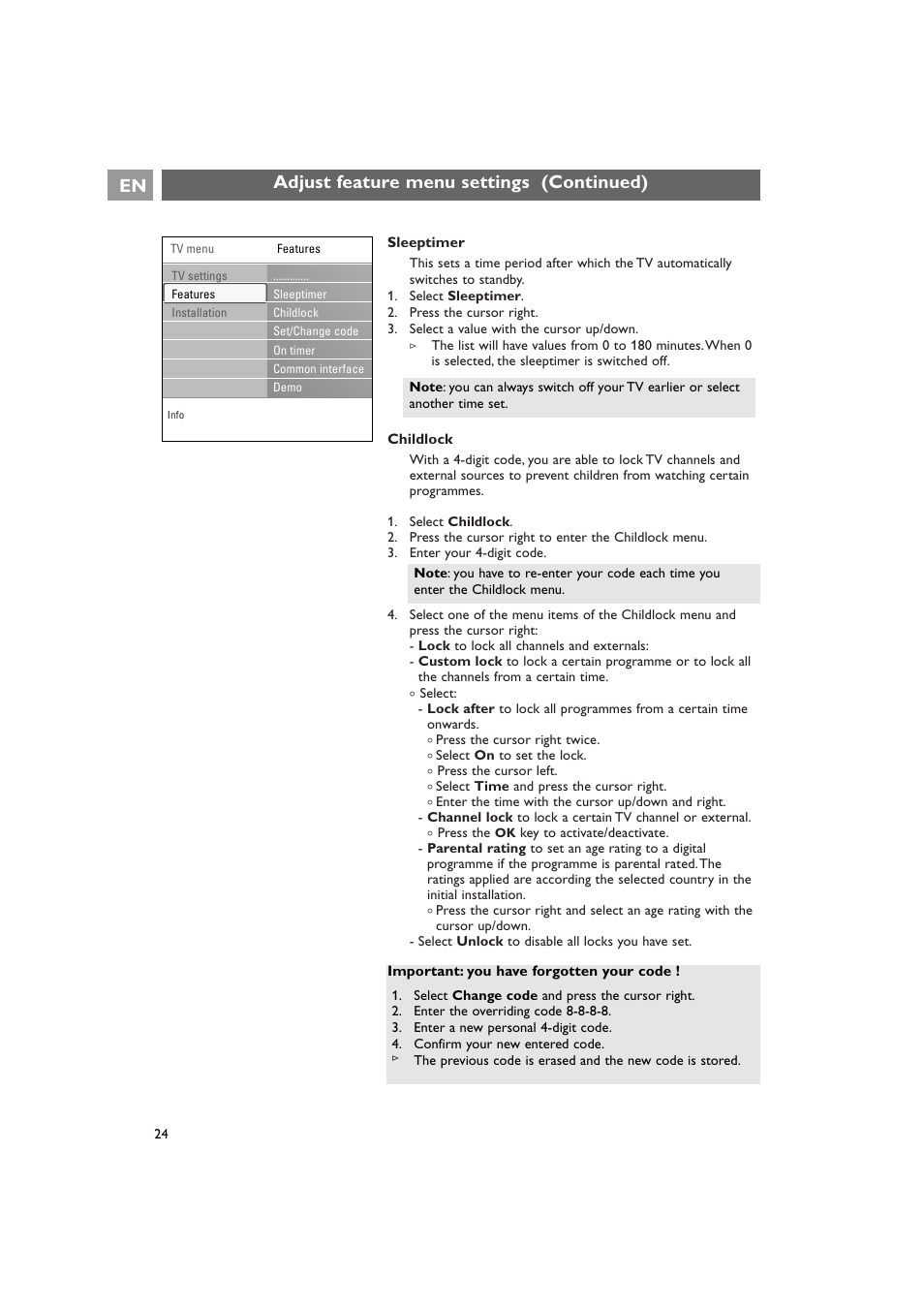 Adjust feature menu settings (continued) en | Philips 42PF9641D/10 User Manual | Page 24 / 65