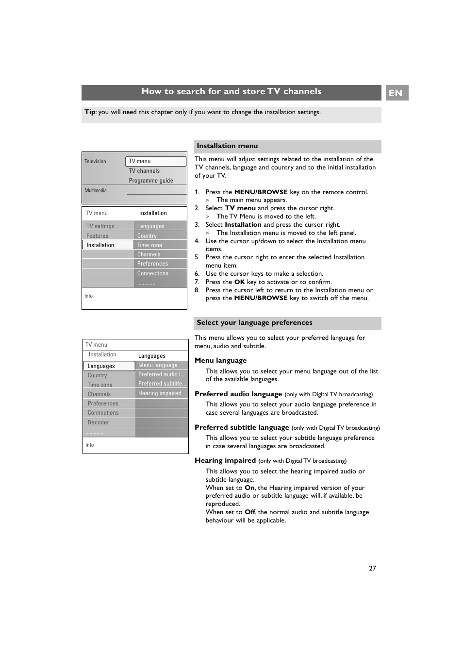 How to search for and store tv channels en | Philips 42PF9641D/10 User Manual | Page 27 / 65