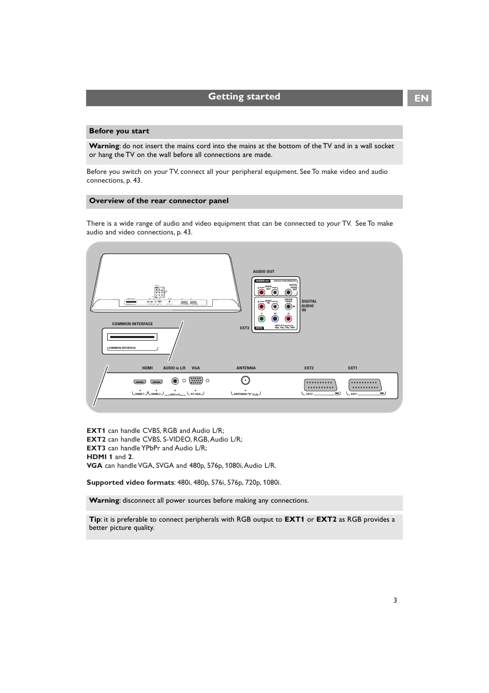 Getting started en, Can handle cvbs, rgb and audio l/r, Can handle cvbs, s-video, rgb, audio l/r | Can handle ypbpr and audio l/r, Audio in l/r | Philips 42PF9641D/10 User Manual | Page 3 / 65