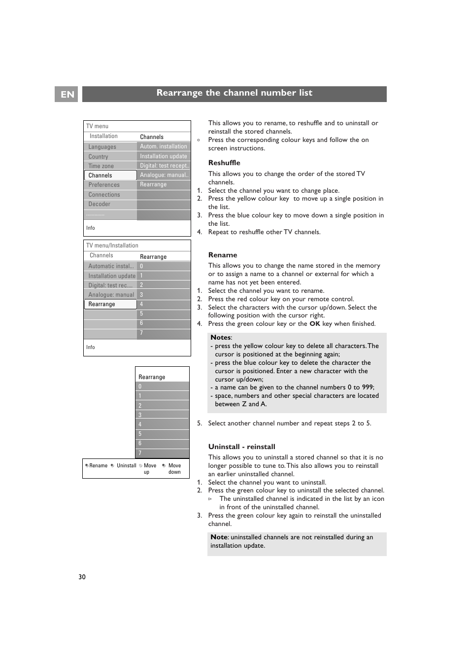 Rearrange the channel number list en | Philips 42PF9641D/10 User Manual | Page 30 / 65