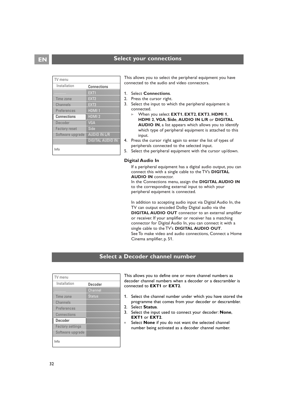 Select your connections en, Select a decoder channel number | Philips 42PF9641D/10 User Manual | Page 32 / 65