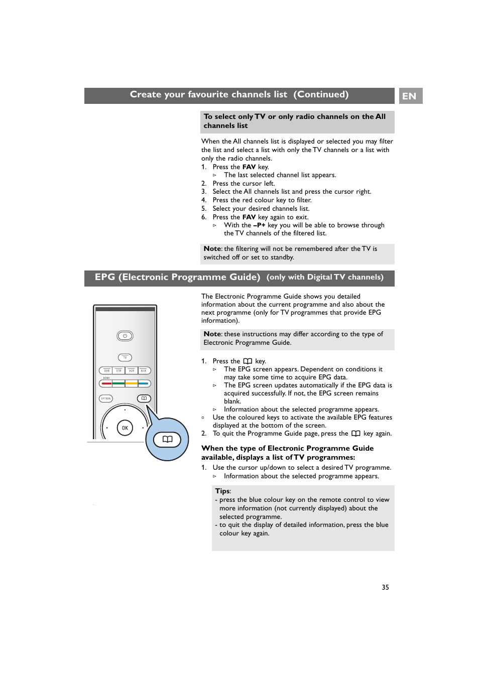 Create your favourite channels list (continued) en, Epg (electronic programme guide) | Philips 42PF9641D/10 User Manual | Page 35 / 65