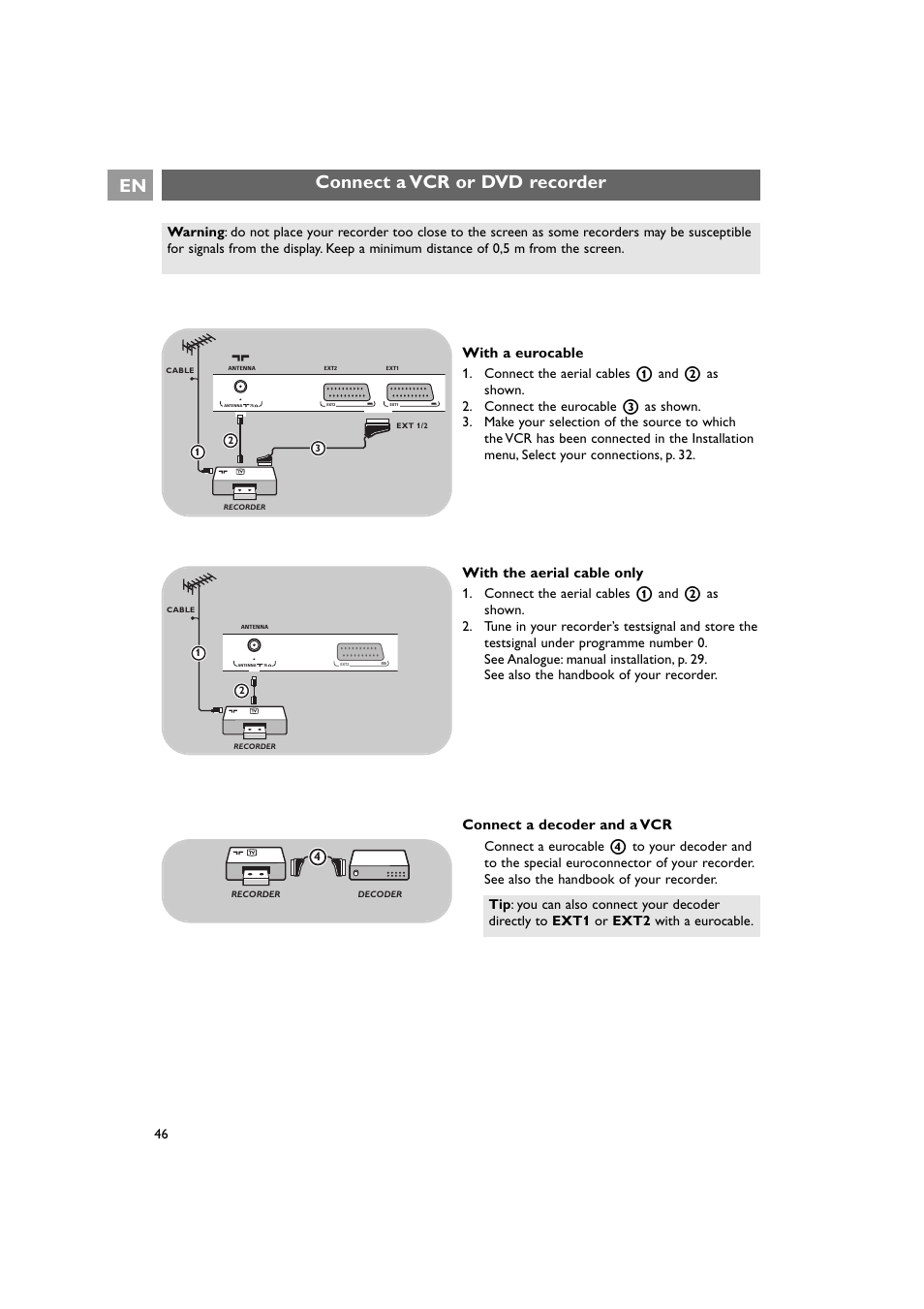 Connect a vcr or dvd recorder en, With a eurocable, With the aerial cable only | Connect a decoder and a vcr | Philips 42PF9641D/10 User Manual | Page 46 / 65