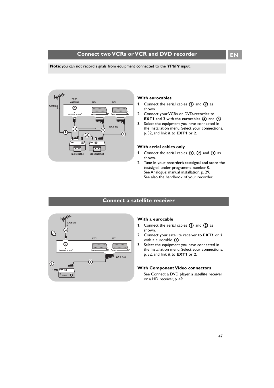 Connect a satellite receiver, Connect two vcrs or vcr and dvd recorder en, With eurocables | With aerial cables only, With a eurocable, With component video connectors | Philips 42PF9641D/10 User Manual | Page 47 / 65