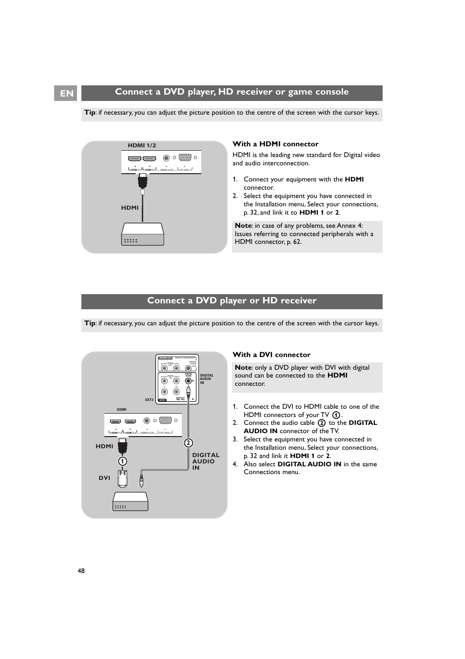 Connect a dvd player or hd receiver, With a hdmi connector, With a dvi connector | Also select, Hdmi, Hdmi 1, Digital audio in | Philips 42PF9641D/10 User Manual | Page 48 / 65