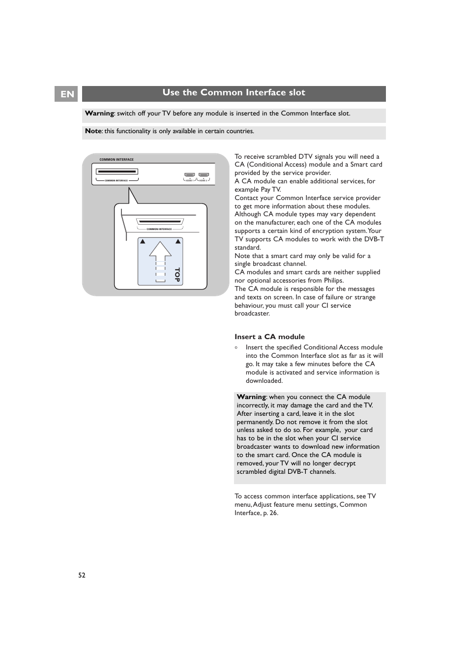 Use the common interface slot en, Insert a ca module | Philips 42PF9641D/10 User Manual | Page 52 / 65